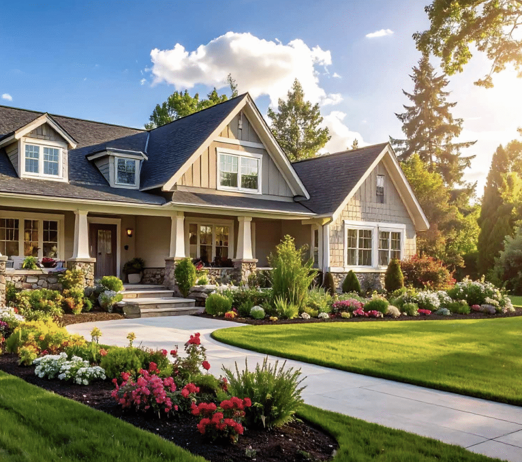 Charming suburban house with a stone porch, surrounded by lush green lawn and vibrant flower beds under a clear blue sky, exuding warmth and tranquility.